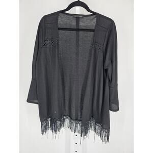 Lynn Ryan Womens Sz 1X 3/4 Sleeve Cardigan Sweater Black w/ Fringe